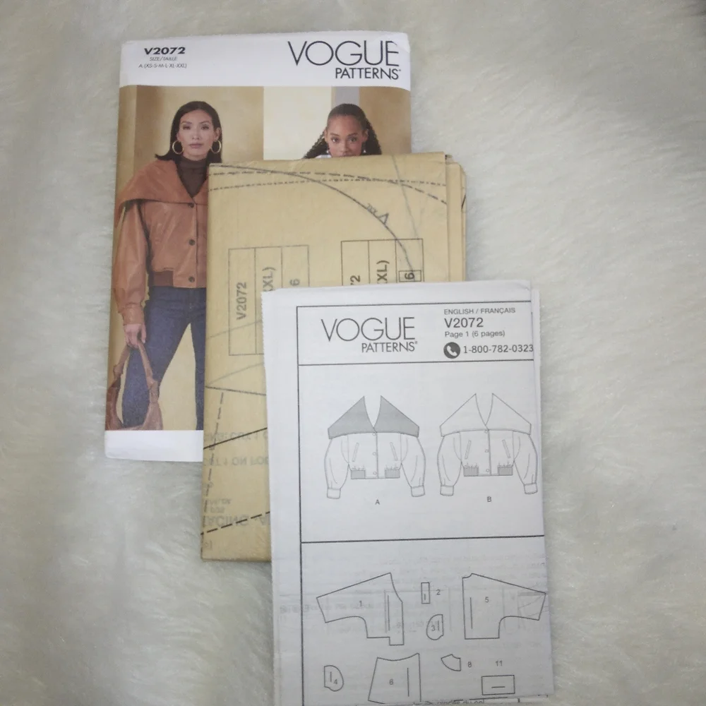 VOGUE V2072 Sz XS-XL Misses lined bomber style jacket w/oversized collar